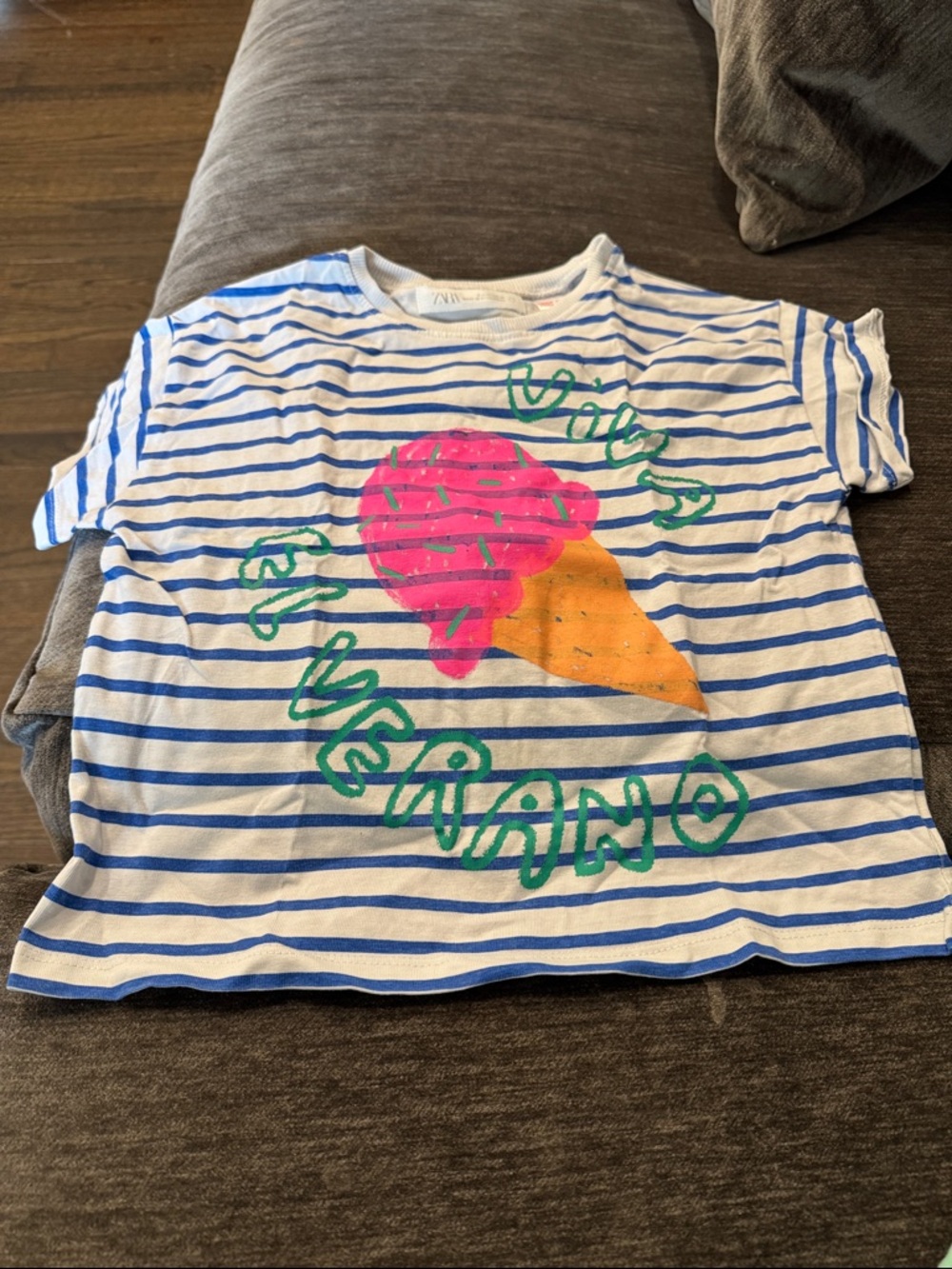 Zara White & Blue Striped Tee with Pink & Orange Ice Cream Graphic